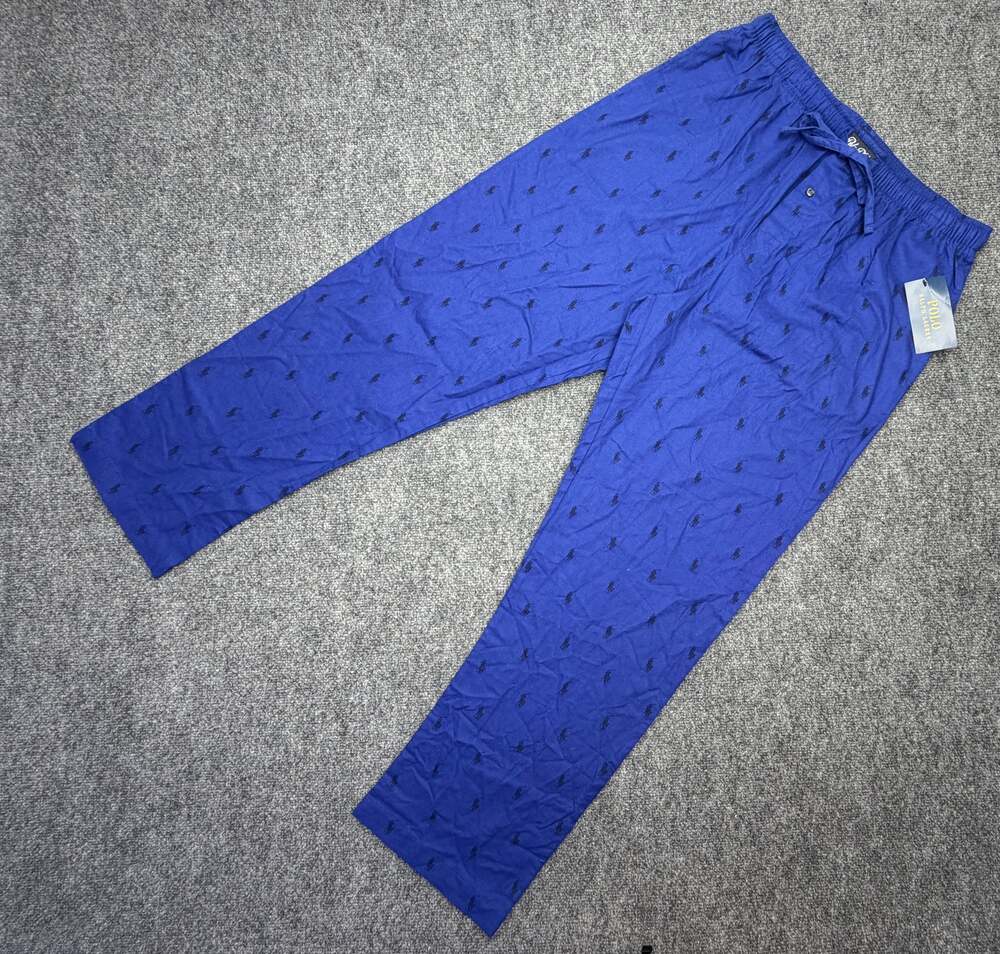 Polo Ralph Lauren Mens L Royal Blue Black Pony Cotton Pajama Lounge Pants NWT